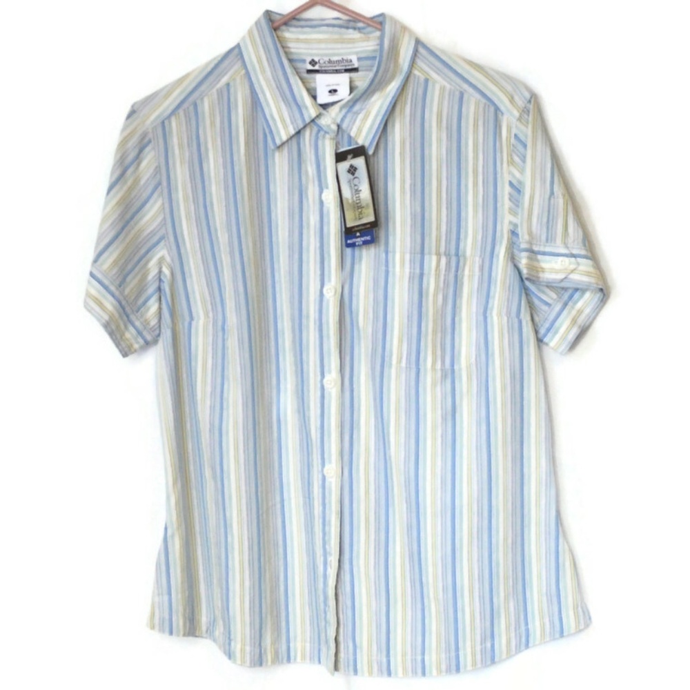 NWT Columbia Women's Striped Button Down Shirt - Blue and Yellow